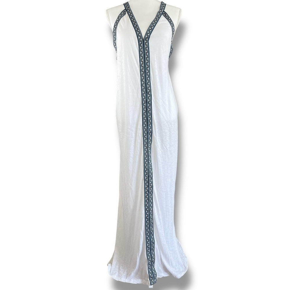 Elan Jordyn V-Neck Maxi Dress Boho‎ Trim White Blue Sleeveless Beach Coverup L